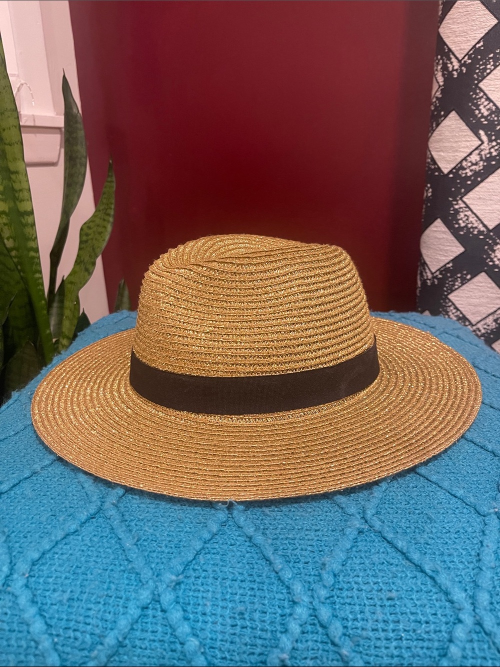 Straw Wide-Brim Fedora Hat with Black Band - Tan - Picture 4 of 9
